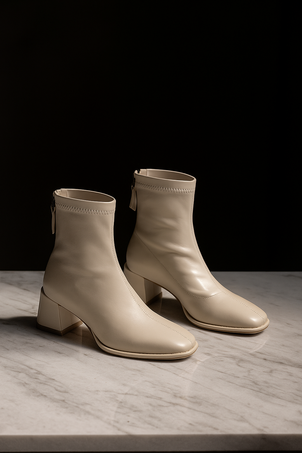 Ivory genuine leather square-toe ankle boots with block heel, side tie detailing