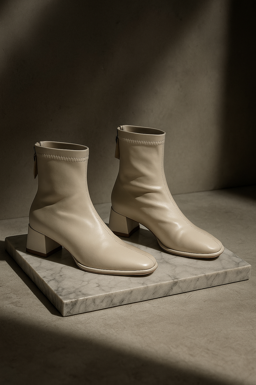 Ivory genuine leather square-toe ankle boots with block heel and side tie pulls
