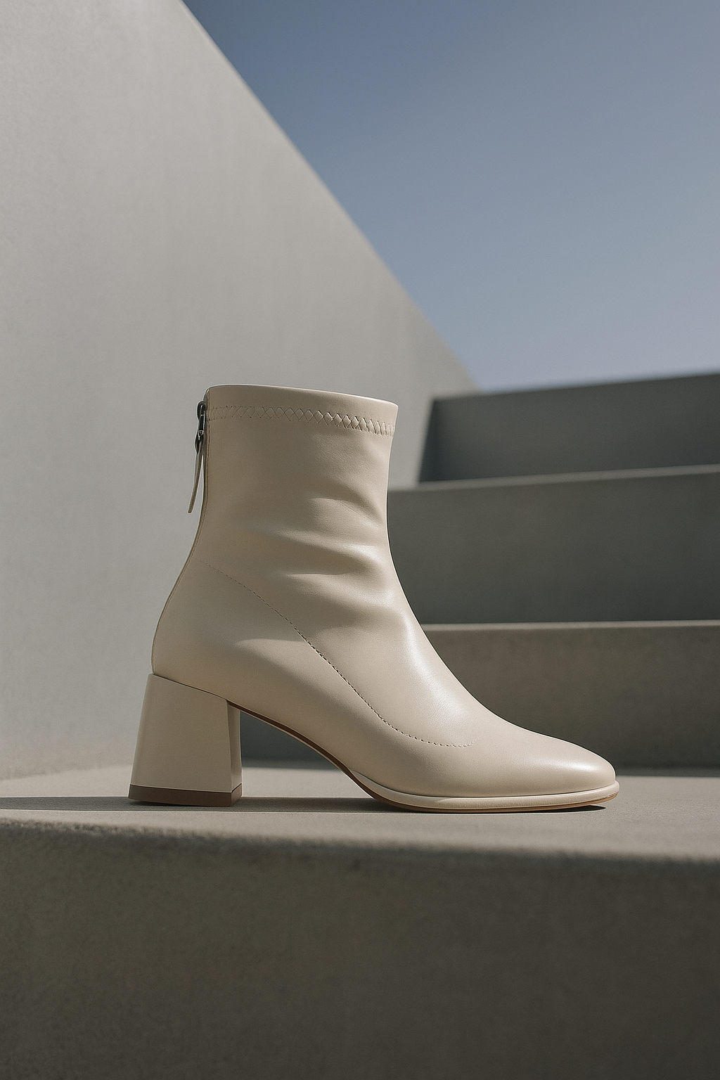 Ivory genuine leather square-toe ankle boot with block heel and side tie