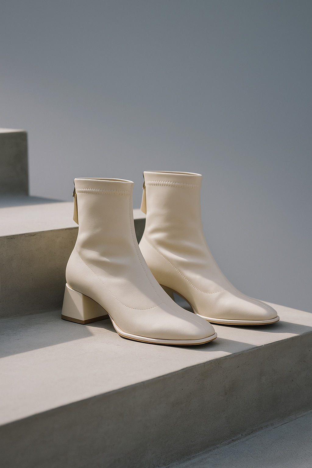 Ivory genuine leather square-toe ankle boots with block heel and side ties