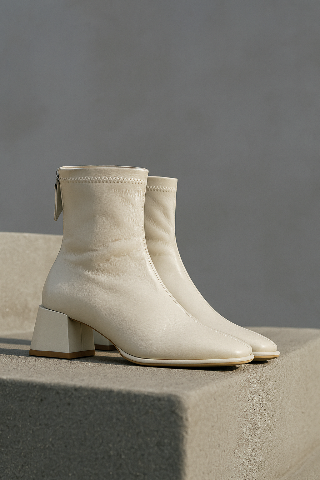 Ivory genuine leather square-toe ankle boots with block heel and side tie accents