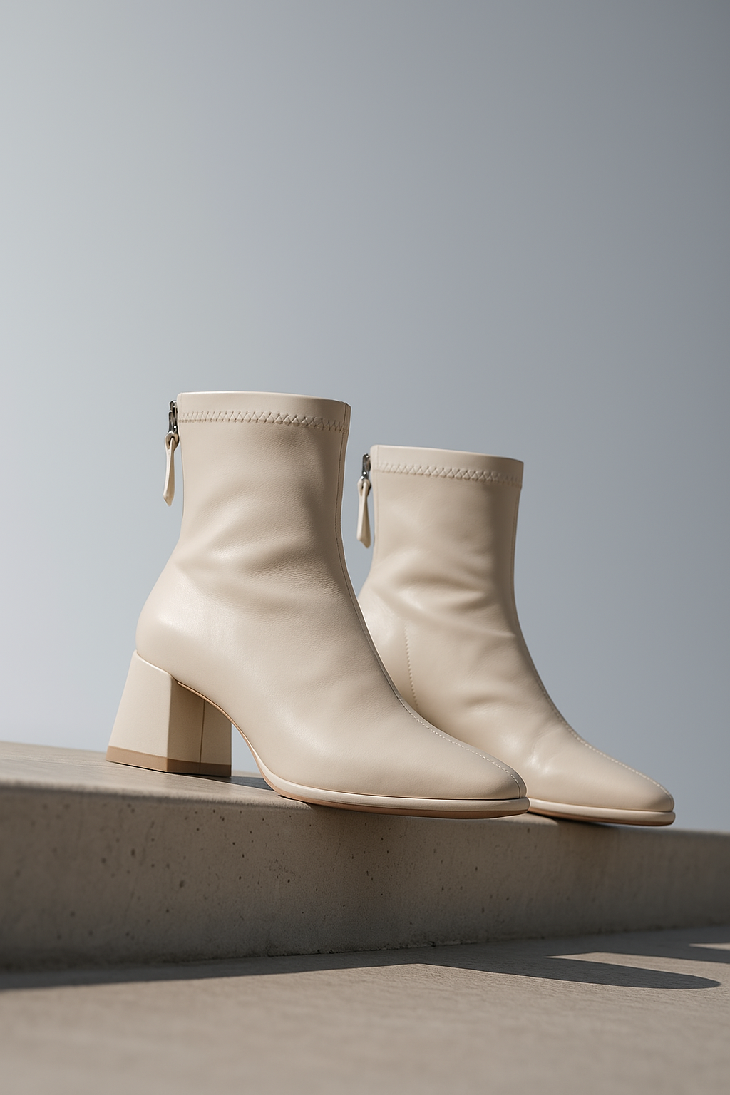 Ivory genuine leather square-toe ankle boots with block heel and side ties