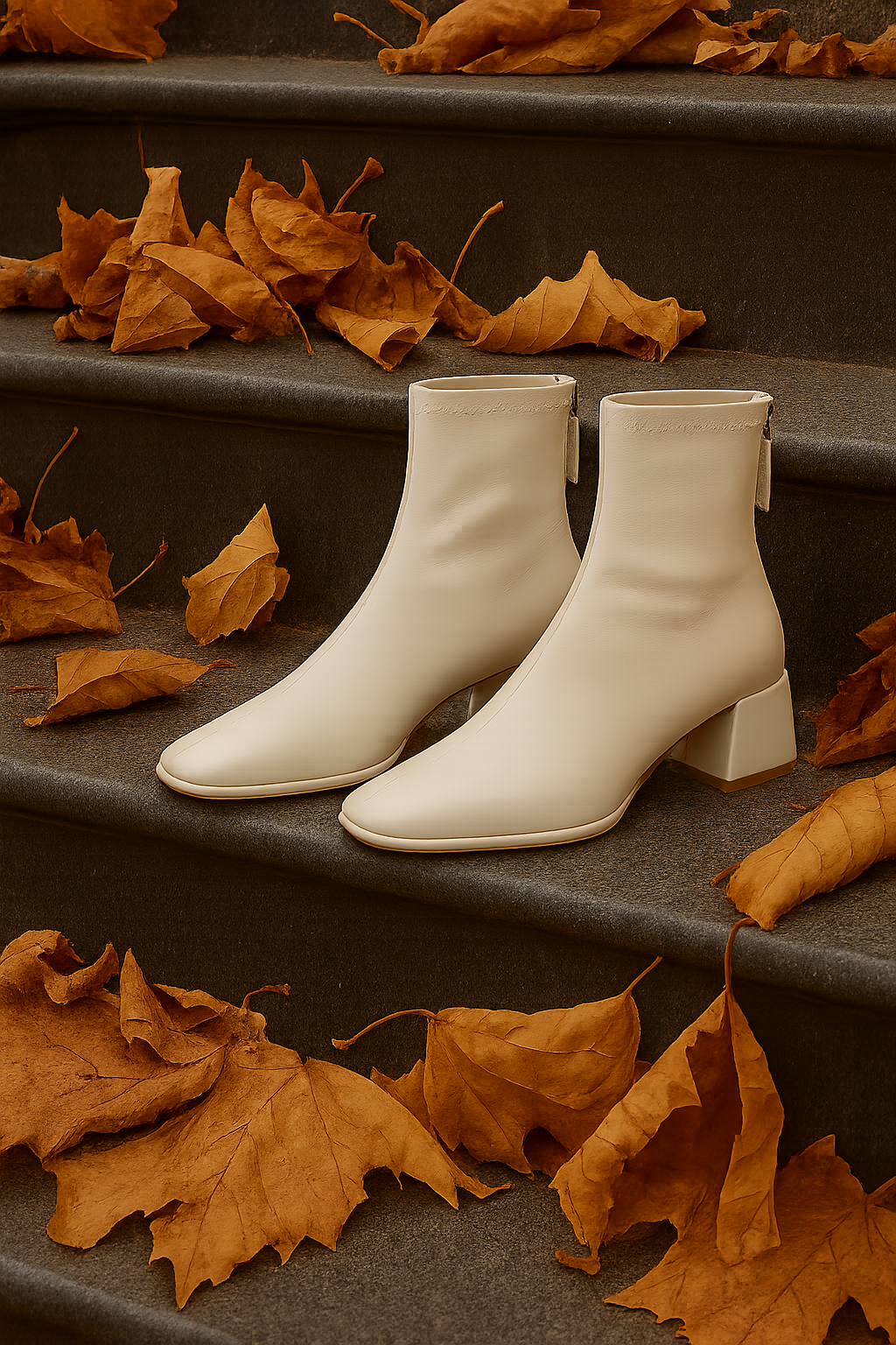 Ivory genuine leather square-toe ankle boots with block heel and side tie pulls