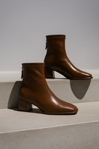 Brown genuine leather square-toe ankle boots with block heel and side ties