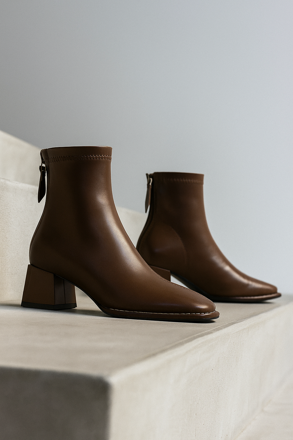Brown genuine leather ankle boots with square toe, side zip pull, block heel.