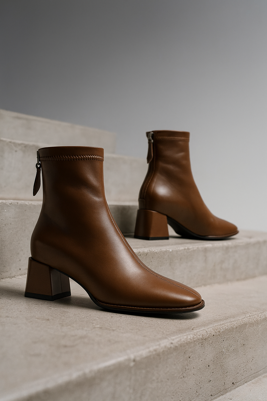 Dark brown genuine leather ankle boots with square toe, side zip pull, block heel.