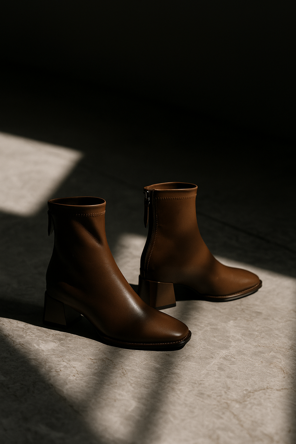 Dark brown leather ankle boots with square toe, side zip pull, block heel.