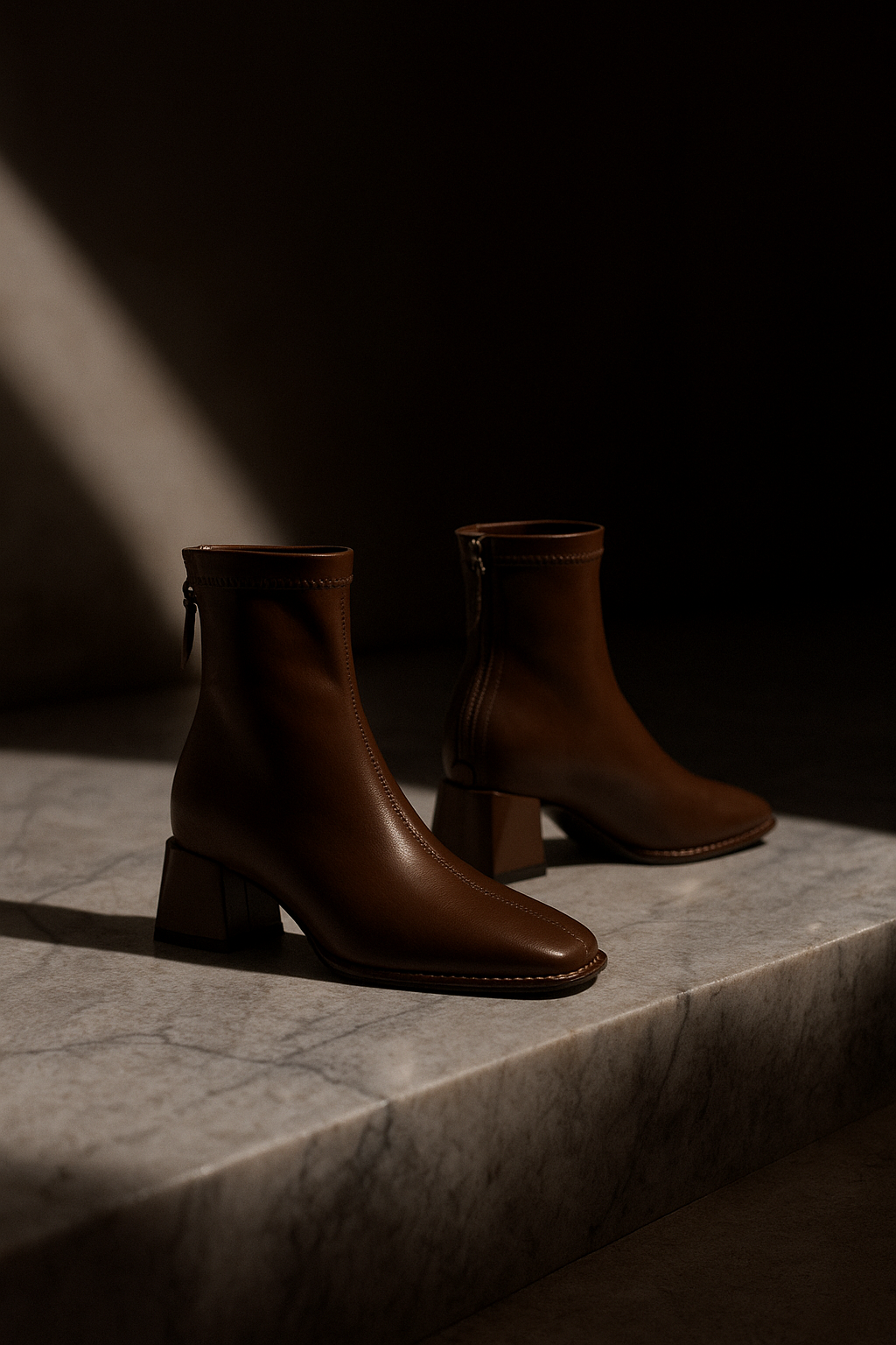 Dark brown leather ankle boots with square toe, side zip pull, block heel.