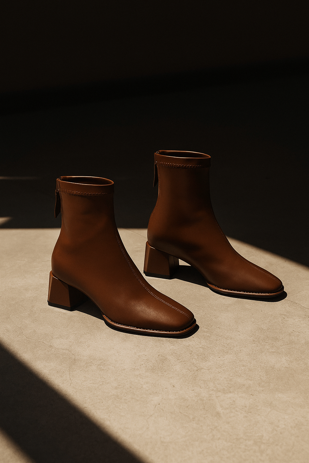 Brown leather ankle boots with square toe, side zip pull, block heel.