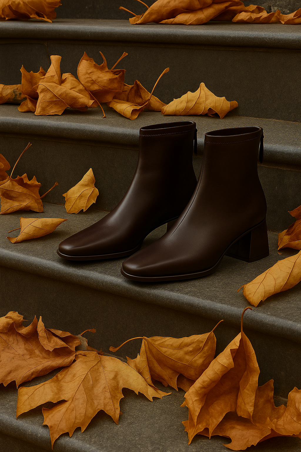 Dark brown leather ankle boots with square toe, side zip pull, block heel.