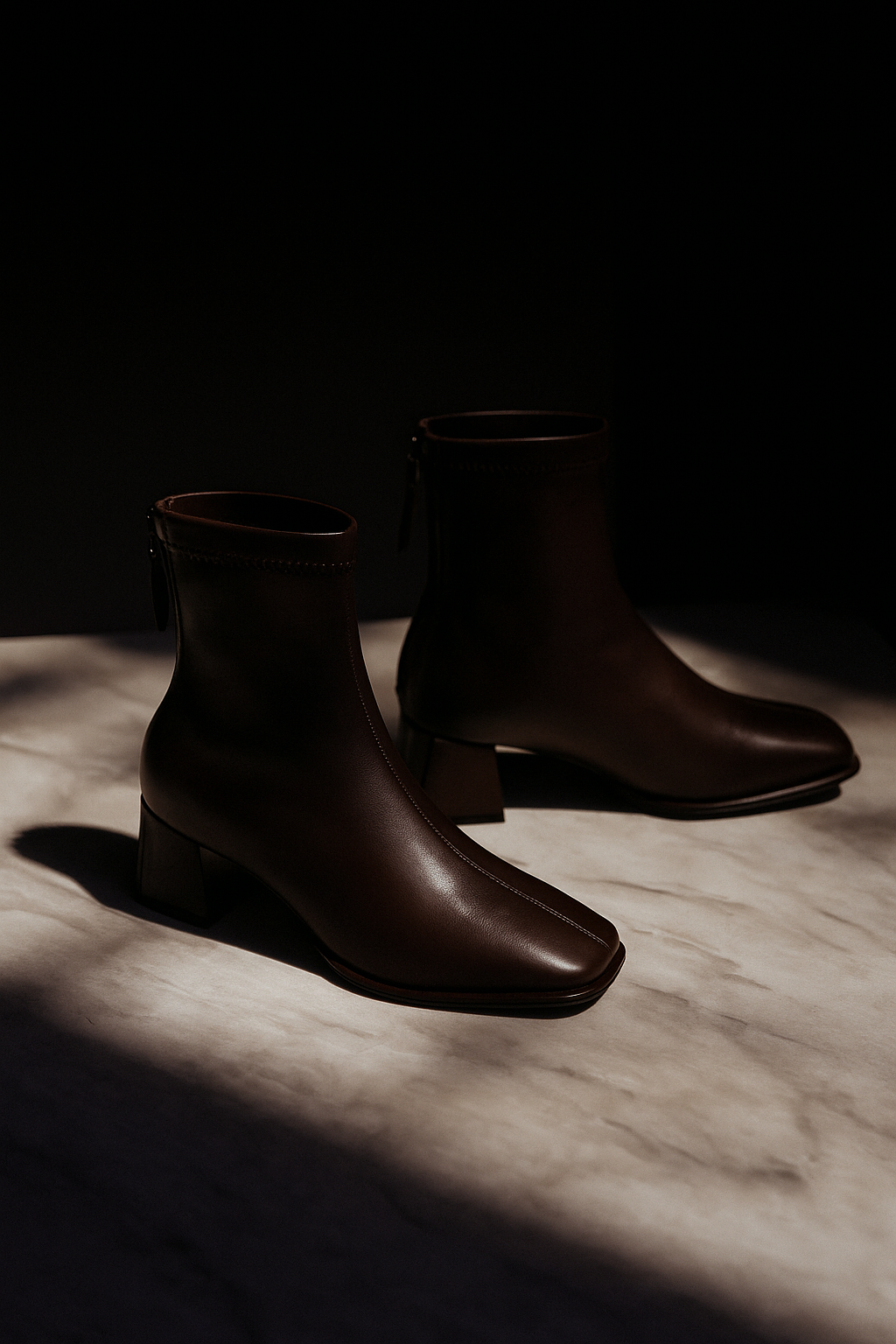 Pair of women’s genuine leather ankle boots with square toe, dark brown, low block heel
