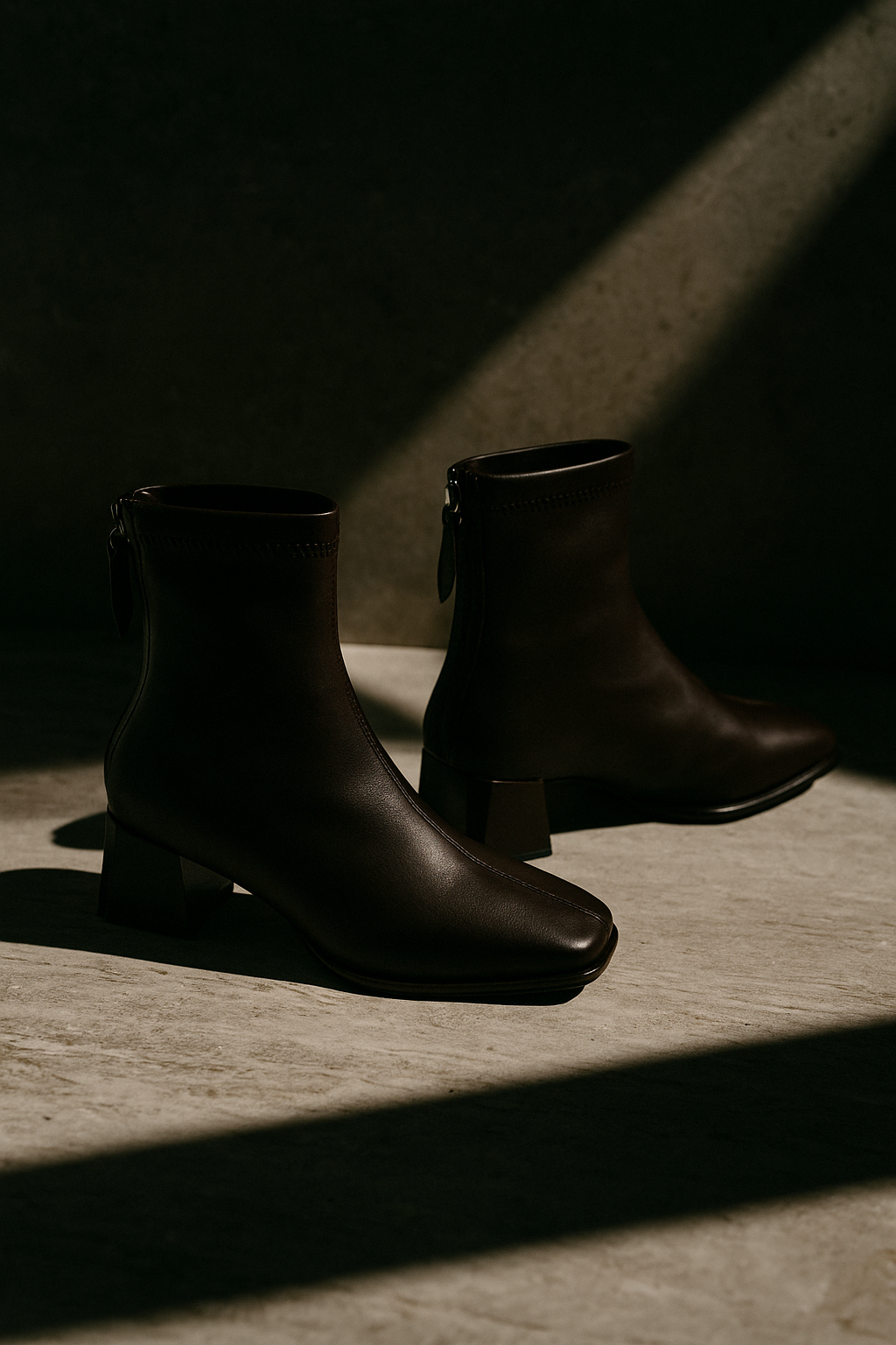 Women’s genuine leather square-toe ankle boots, dark, low block heel, side zipper detail