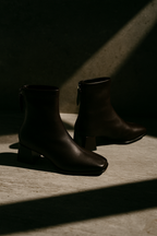 Women’s genuine leather square-toe ankle boots, dark, low block heel, side zipper detail