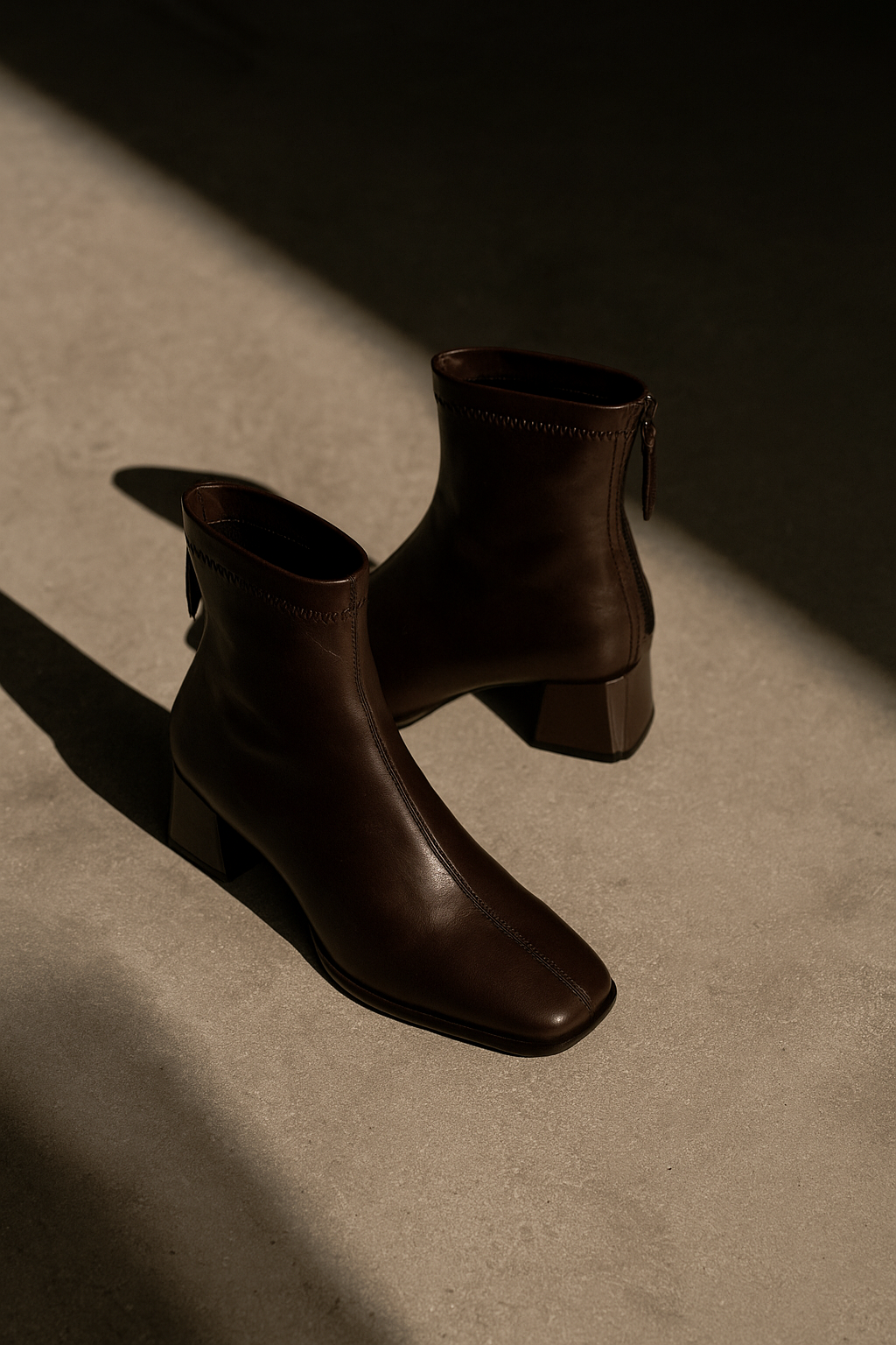 Women’s genuine leather square-toe ankle boots, dark brown, low block heel, side zipper pull