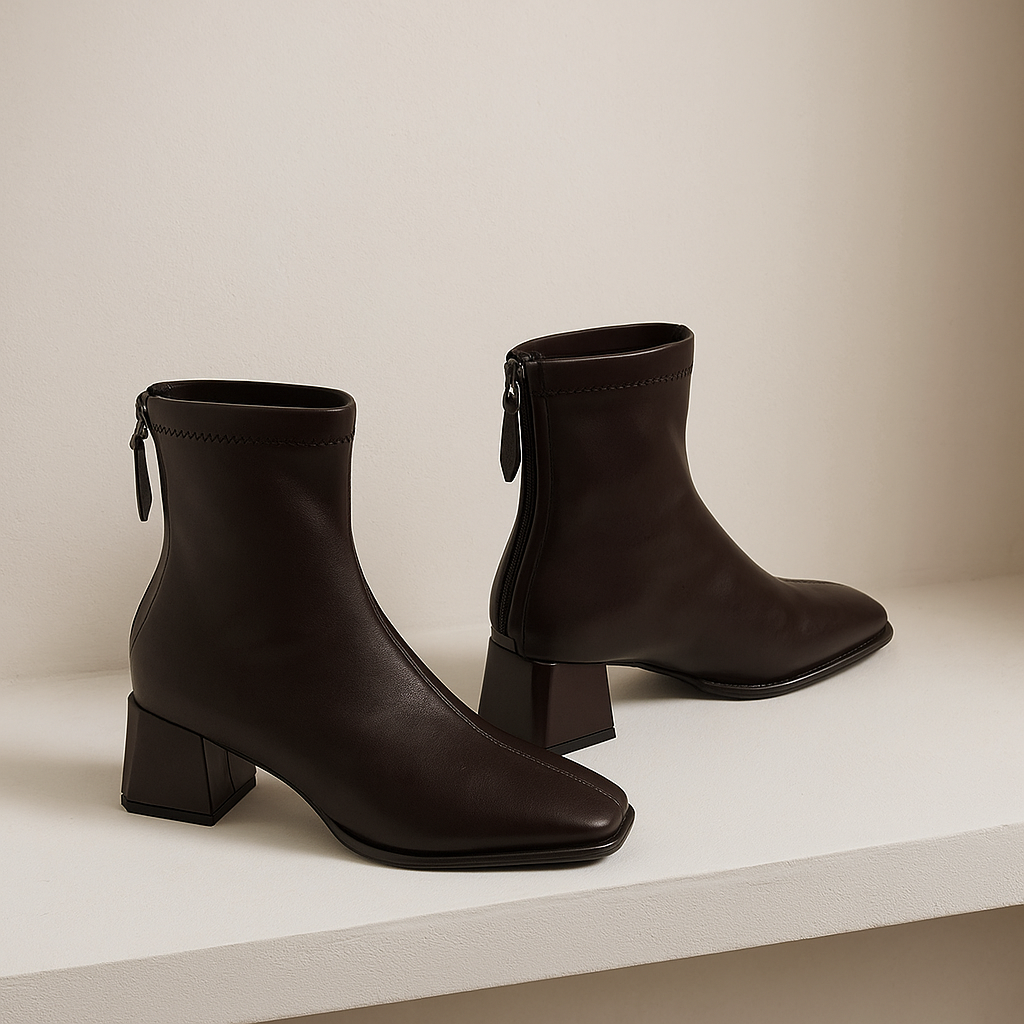 Women’s genuine leather square-toe ankle boots, dark brown, low block heel, side zipper