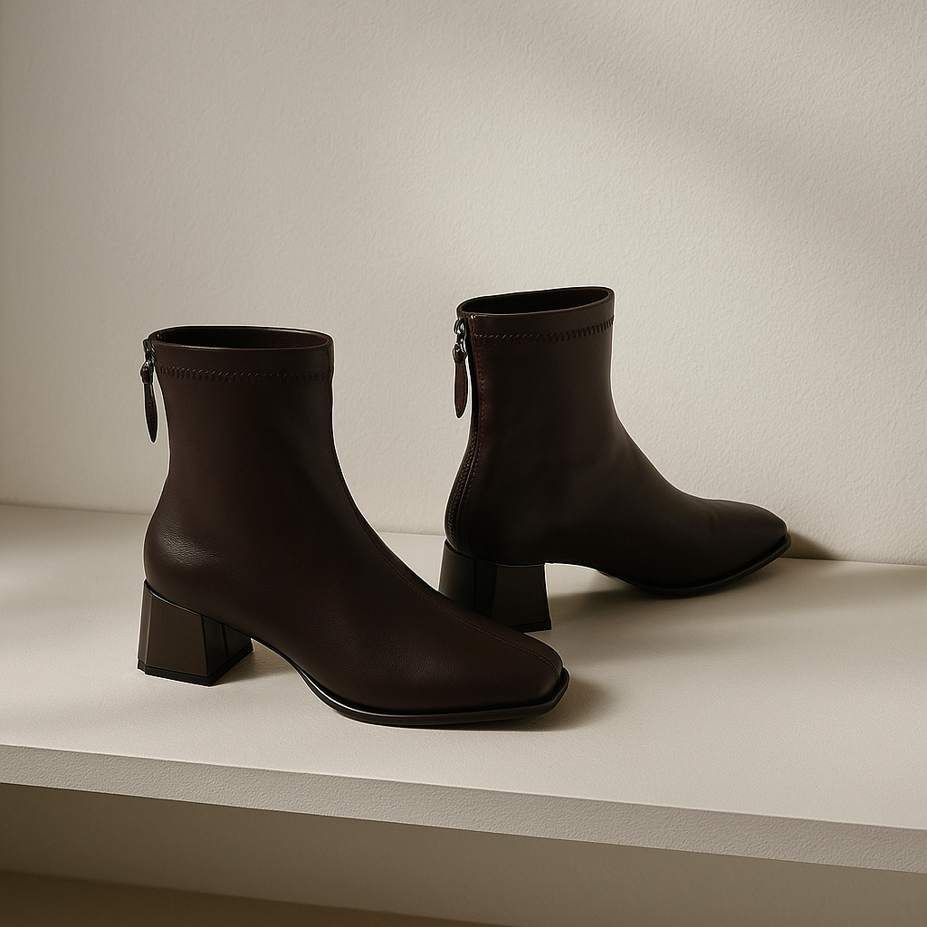 Women’s genuine leather square-toe ankle boots, dark brown, low block heel, side zipper