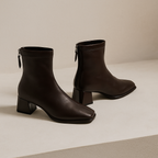 Women’s genuine leather square-toe ankle boots, dark brown, low block heel, side zipper