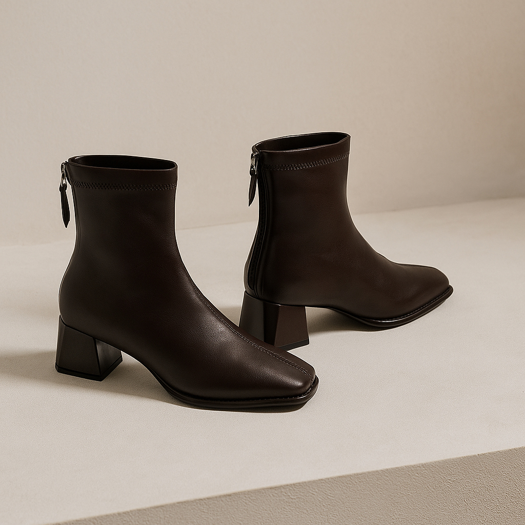 Women’s genuine leather square-toe ankle boots, dark brown, low block heel, side zipper