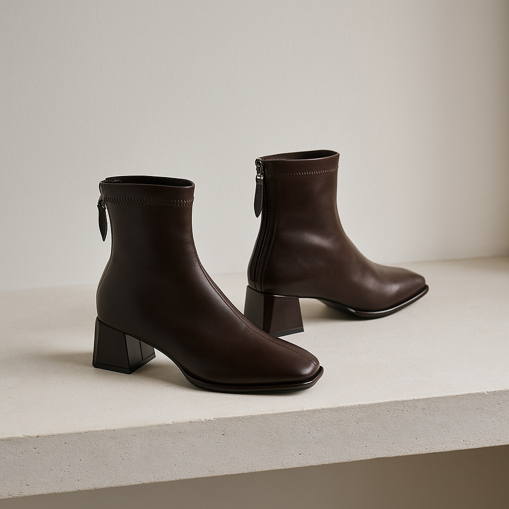 Women’s genuine leather square-toe ankle boots, dark brown, low block heel, side zipper