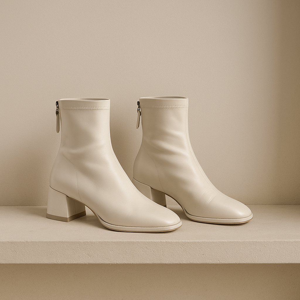 Ivory women's square-toe ankle boots with side zip and block heel