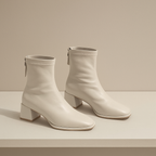 Ivory women's square-toe ankle boots, side zip, stacked block heel, two pairs shown