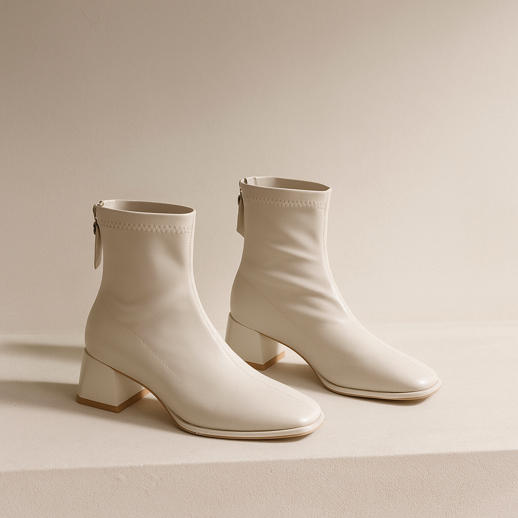 Ivory women's square-toe ankle boots with side zip and mid block heel