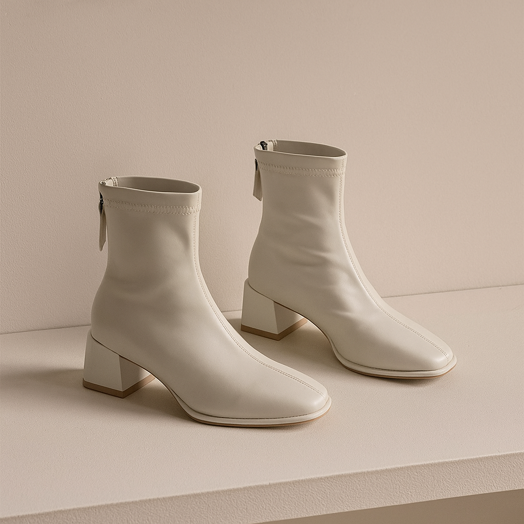 Ivory women's square-toe ankle boots with side zip and block heel, angled view