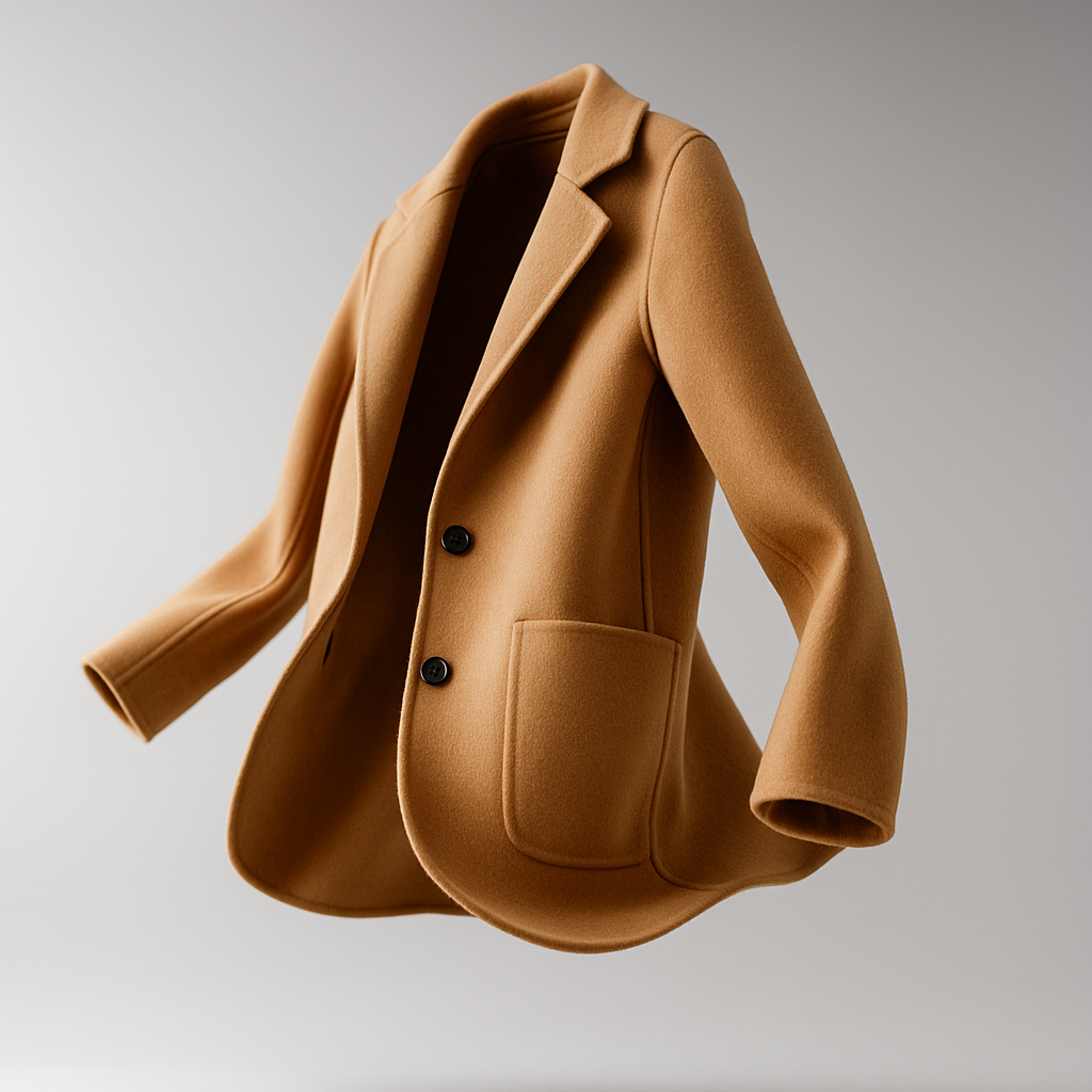 Camel wool blazer with notch lapels, button front, and front patch pocket