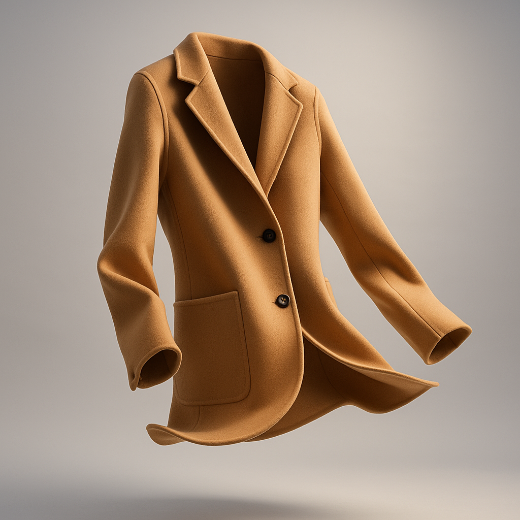 Camel wool blazer with notch lapels and two-button front patch pockets