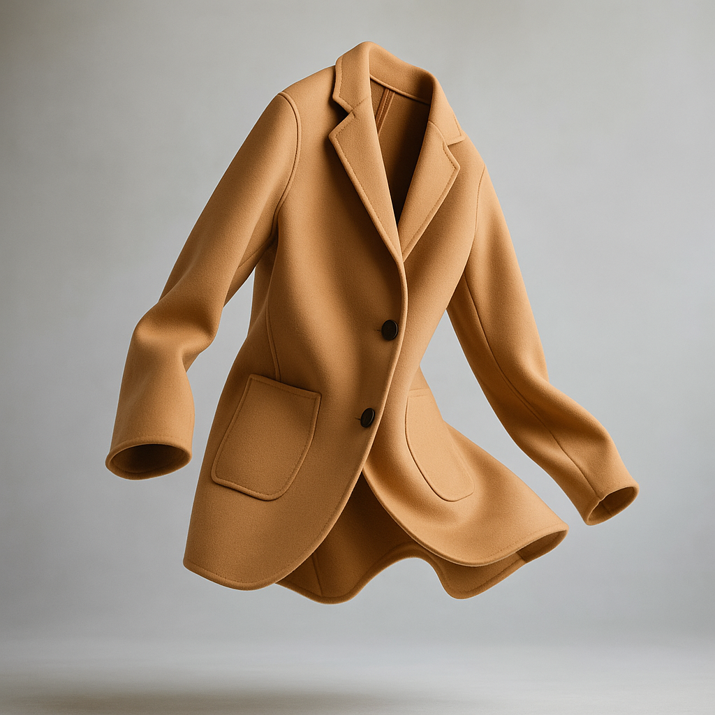 Camel wool blazer with notched lapels, two button front, and flap chest pockets