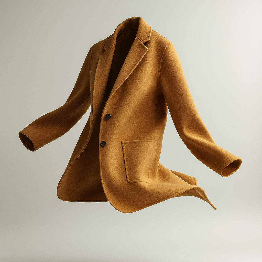 Camel wool blazer with notched lapels, two button front, and front flap pocket