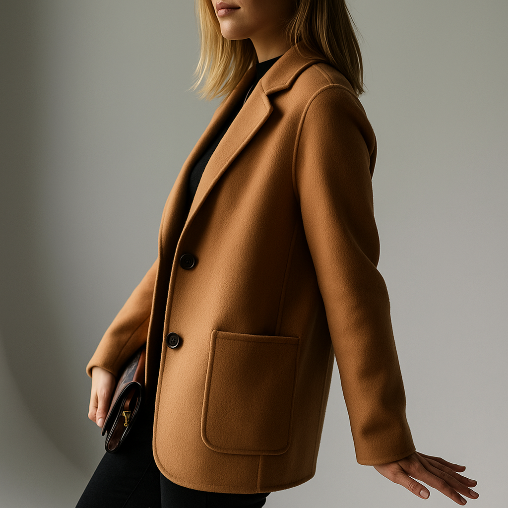 Camel wool blazer with notch lapels and flap front pocket; side view