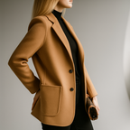 Camel wool blazer with notch lapels, two-button front and flap chest pocket