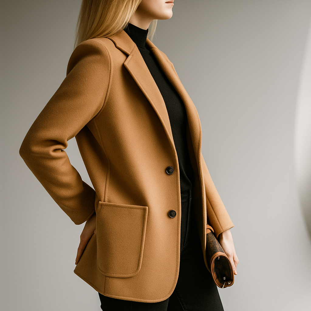 Camel wool blazer with notch lapels, two-button front and flap chest pocket