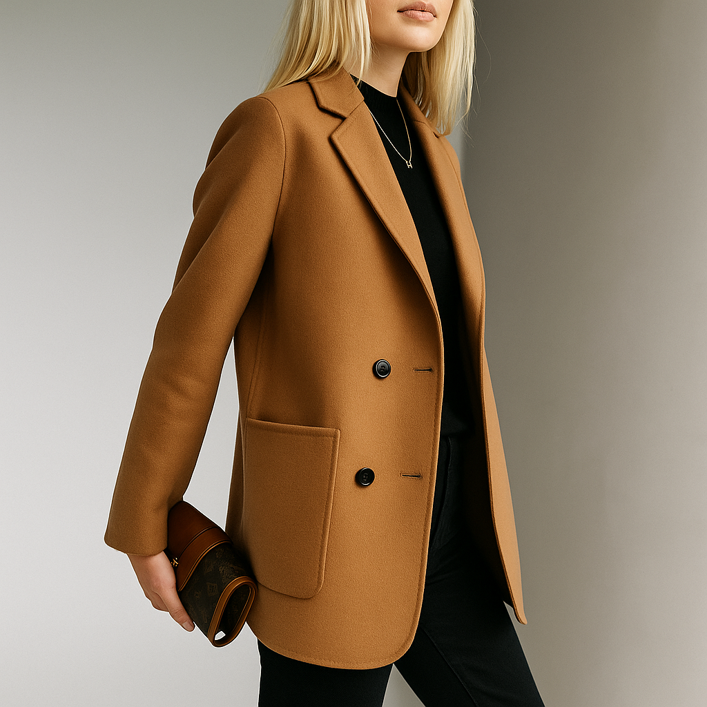 Camel wool blazer with chest pocket, two dark buttons, and notch lapels