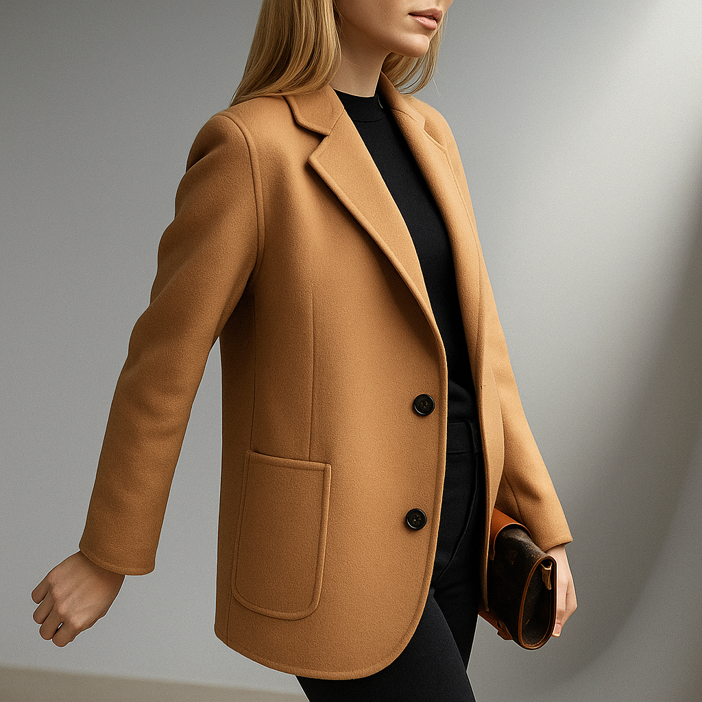 Camel wool blazer with notch lapels, two-button front, and single chest pocket