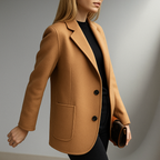 Camel wool blazer with notch lapels, two-button front, and single chest pocket