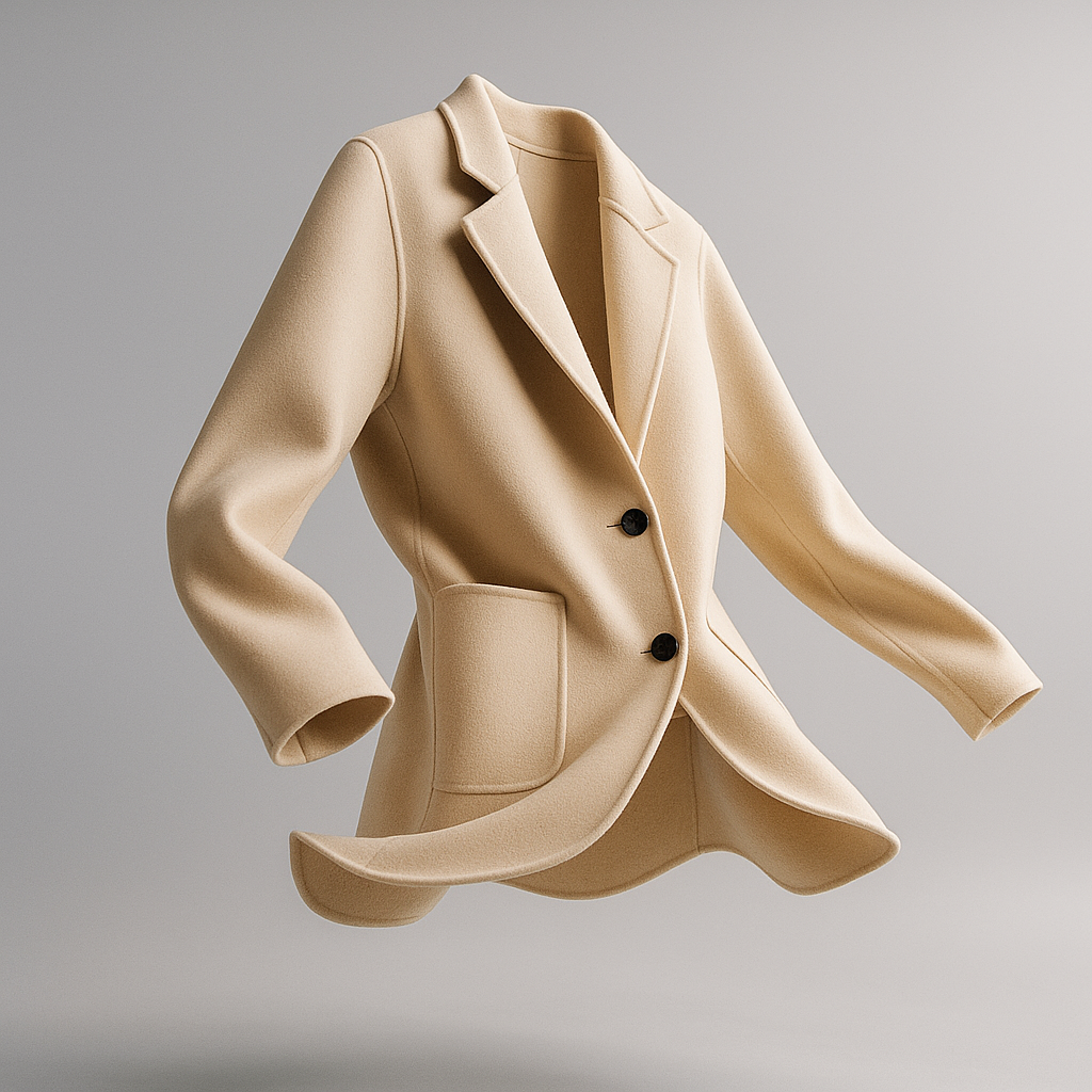 Ivory wool blazer with notched lapels, two button front, and flap front pockets