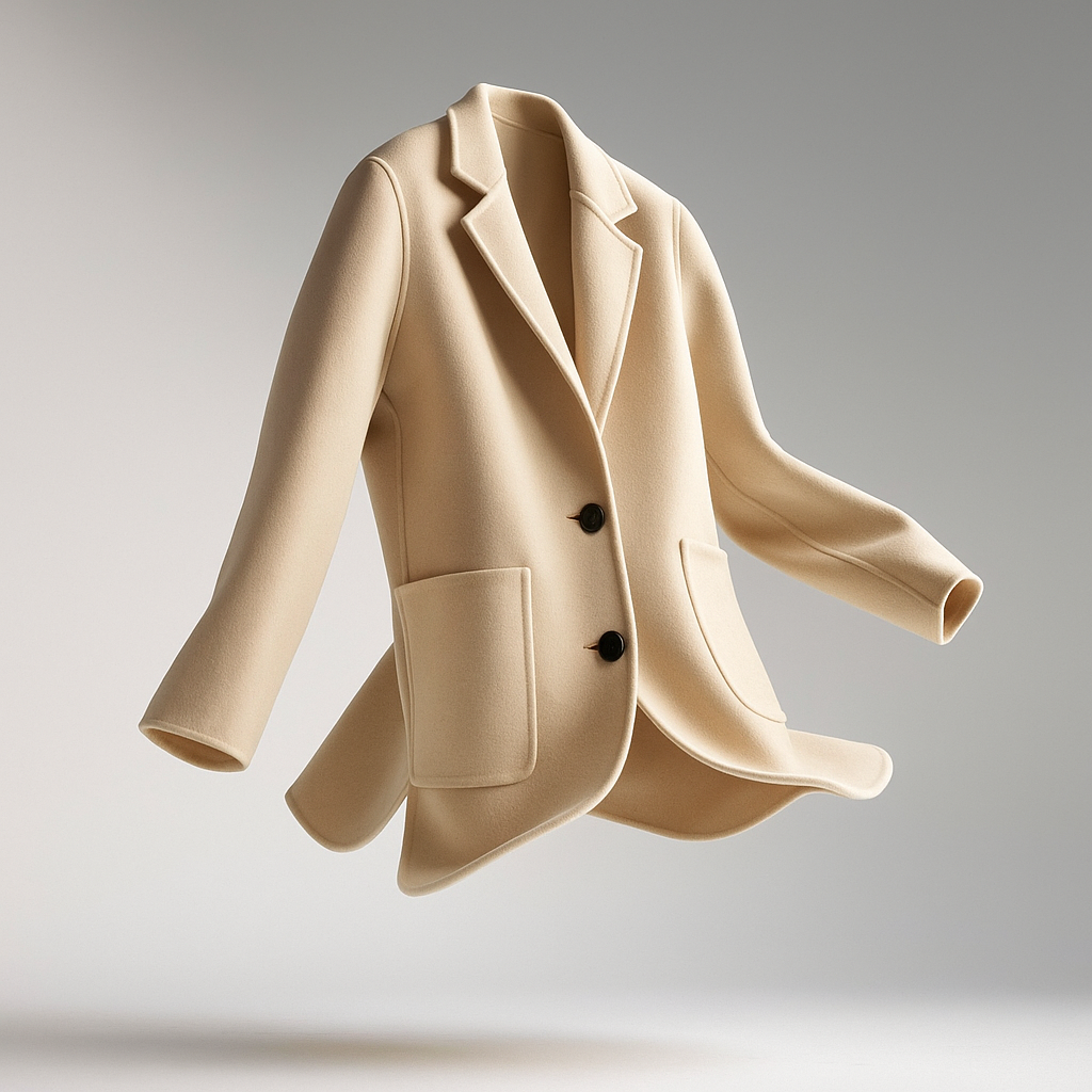 Ivory wool blazer with notched lapels, two-button front and front patch pockets