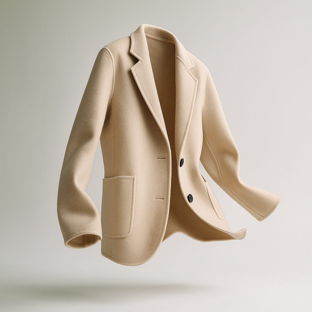 Ivory wool blazer with patch pocket, two buttons, and notched lapels