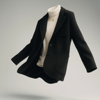 Black wool blazer with single-breasted front, notch lapels, and two patch pockets