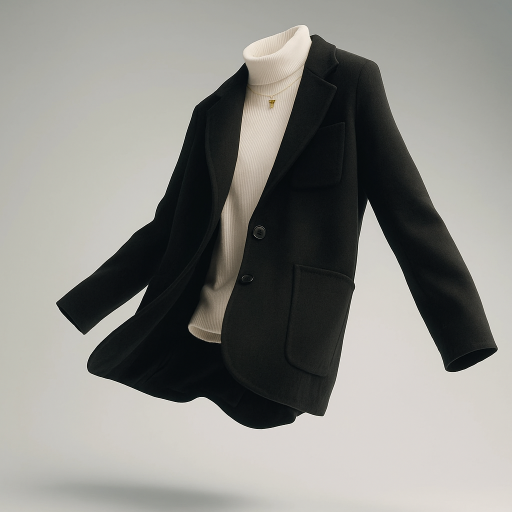Black wool blazer with single-breasted front, notch lapels, and two patch pockets