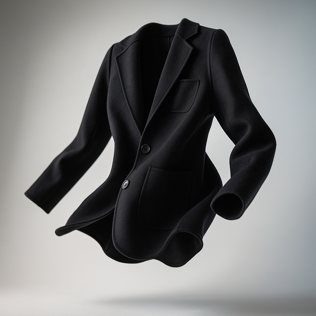 Black wool blazer with notch lapel, front button, and side pocket