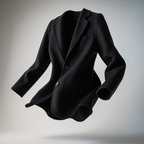 Black wool blazer with notch lapel, front button, and side pocket
