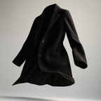 Black wool blazer with notch lapels and long sleeves, flat draped view