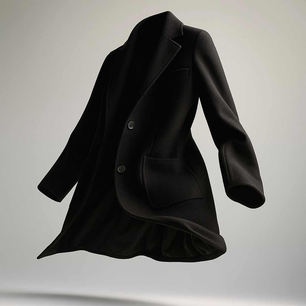 Black wool blazer with notch lapels and long sleeves, flat draped view