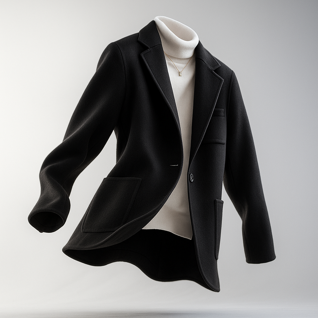 Black wool blazer with notch lapels, button front, and chest pocket detail