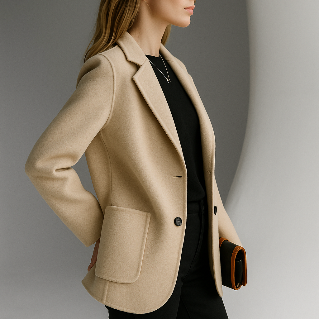 Ivory wool blazer with notch lapels, single flap pocket, and two-button front; side view