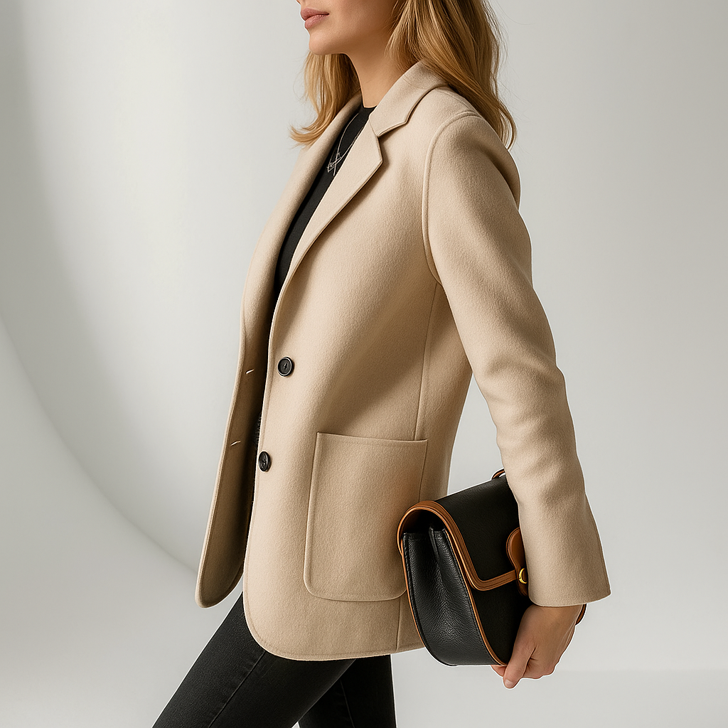 Camel wool blazer with notch lapels, two-button front, and front patch pocket