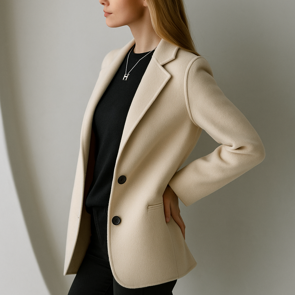 Ivory wool blazer with notch lapels and two-button front; close side profile